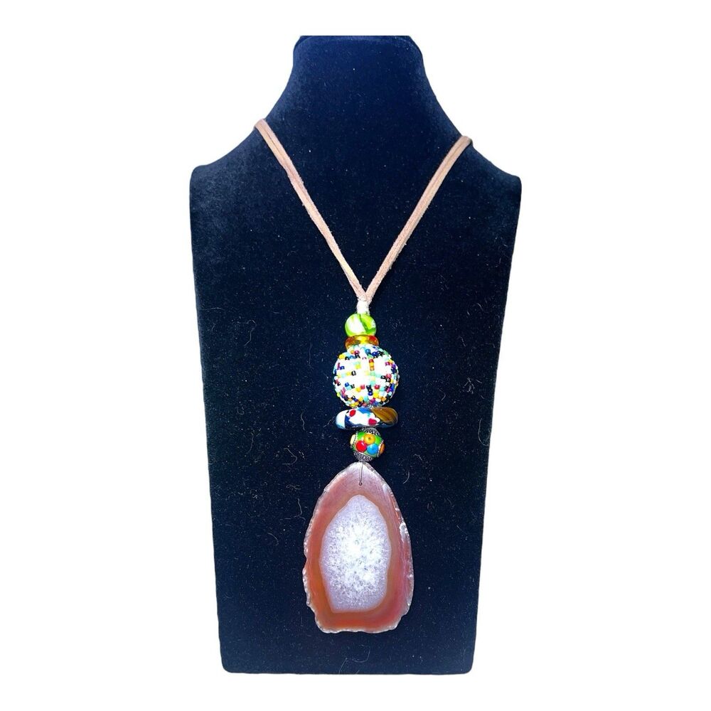 Artisan Millefiori Seed Bead & Geode Pendant Necklace W 34” + Double Suede Cord